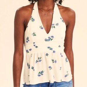 American Eagle White and Floral Blue Halter Top Large